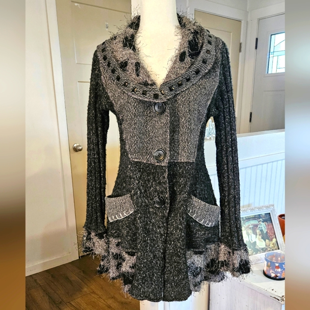 Worn Once! - SIONI - Black & Gray Knit Long Sweater Jacket w/Accents, Size L